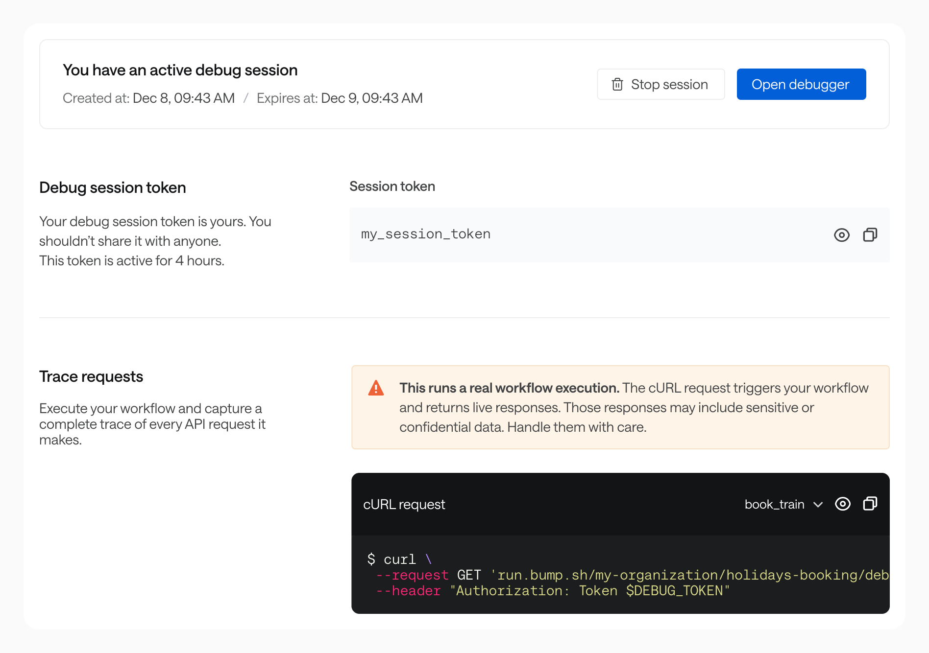 MCP server debug session page