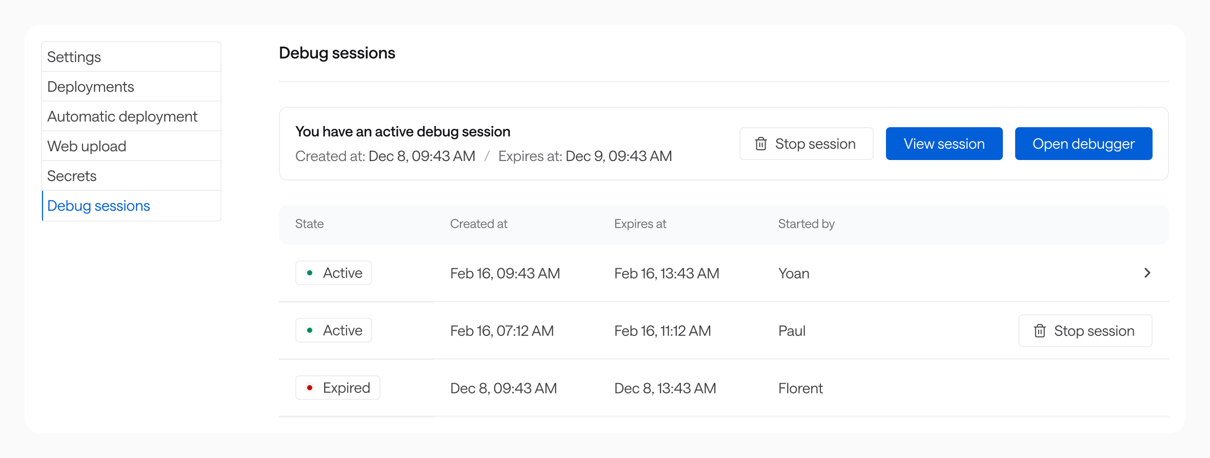MCP server debug sessions history